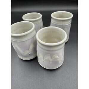 Set of 4 Chara Scarab Studio Pottery Mugs Purple Wave Design Signed Excellent Co
